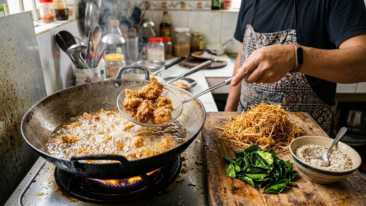 Quá trình chiên gà trong chảo dầu ngập sôi sục cùng sả sợi và lá chanh chiên giòn ráo dầu