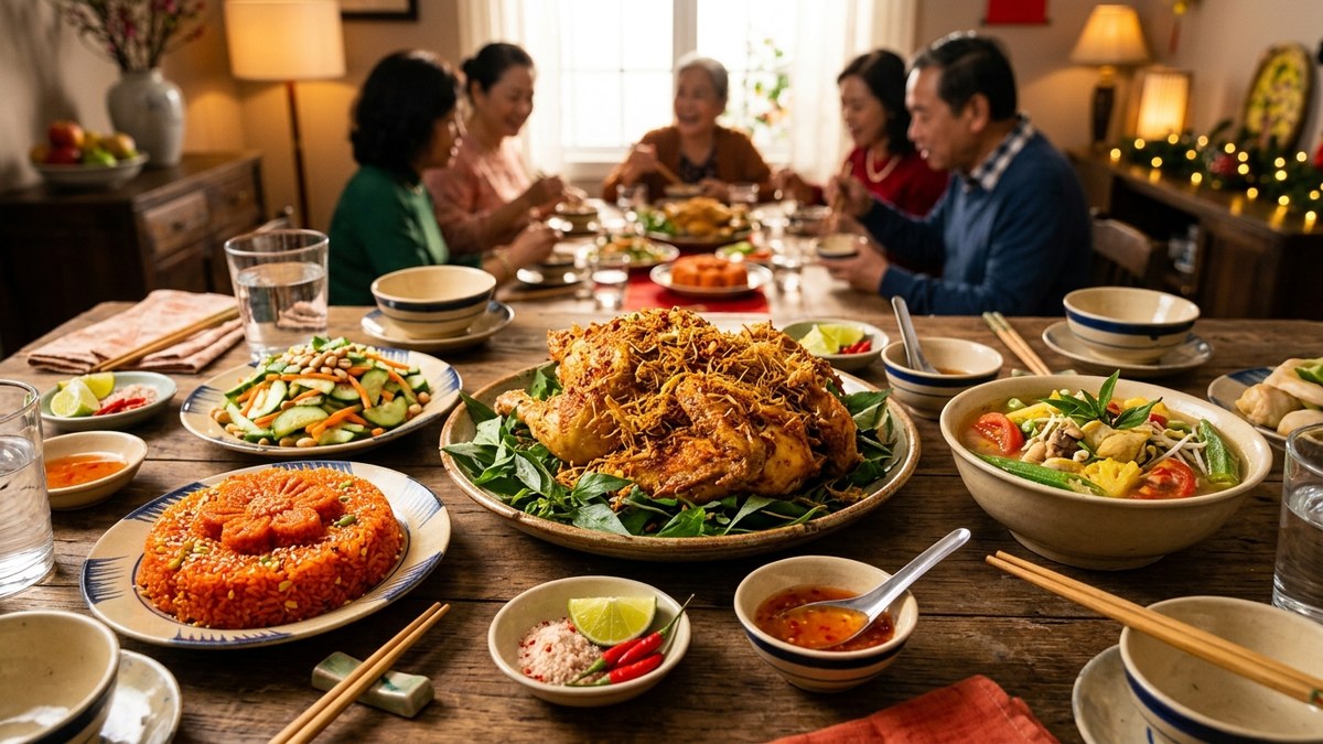 Mâm tiệc liên hoan gia đình với đĩa gà rang muối nóng hổi ăn kèm xôi gấc và canh chua thanh mát