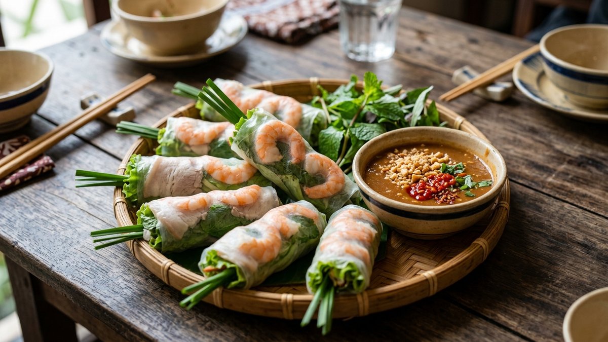 Mẹt gỏi cuốn tôm thịt bánh tráng trong veo lộ tôm đỏ au cạnh bát tương bơ đậu phộng