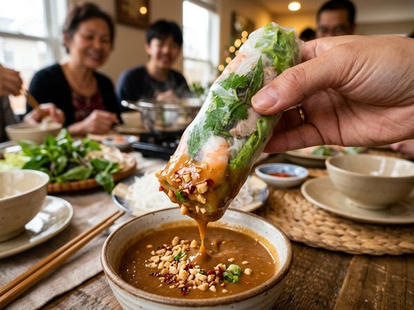 Chấm chiếc gỏi cuốn tôm thịt ngập vào bát tương bơ đậu phộng béo ngậy ớt cay
