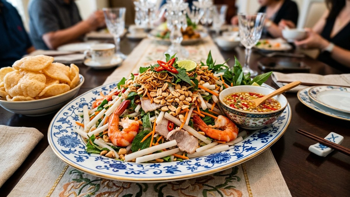 Đĩa gỏi ngó sen tôm thịt đầy đặn rực rỡ sắc màu cạnh đĩa bánh phồng tôm giòn xốp