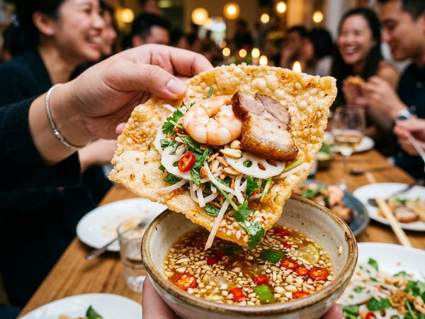 Xúc gỏi ngó sen tôm thịt lên miếng bánh phồng tôm giòn rụm chấm nước mắm ớt