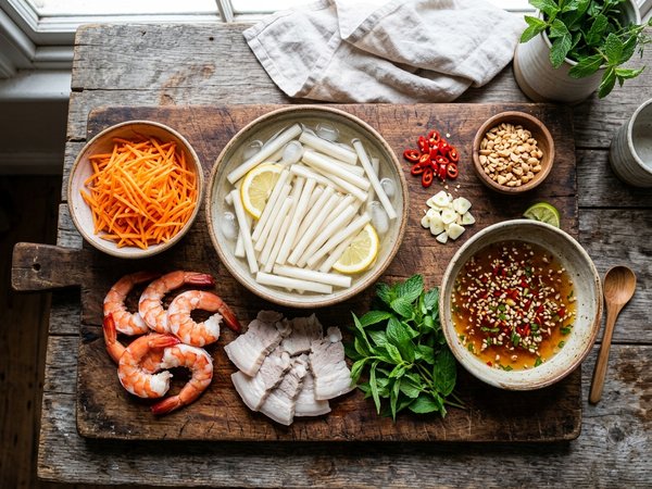 Mâm nguyên liệu làm gỏi ngó sen gồm ngó sen trắng ngâm nước đá tôm luộc thịt ba chỉ