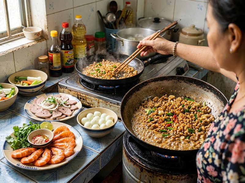 Chảo xào thịt nạc băm tơi xốp thơm lừng tỏi phi bên cạnh đĩa tôm luộc đỏ au và gan heo thái lát