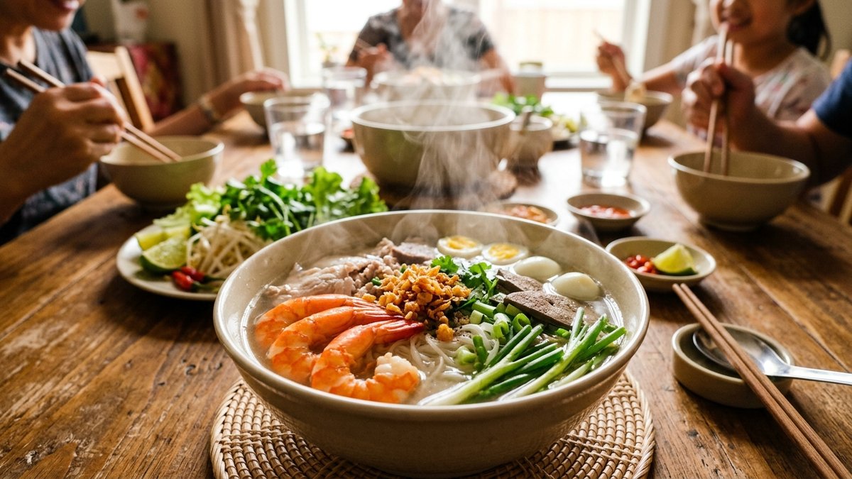 Tô hủ tiếu Nam Vang nóng hổi bốc khói đầy đặn tôm sú đỏ au thịt băm gan cật tỏi phi nước dùng trong vắt
