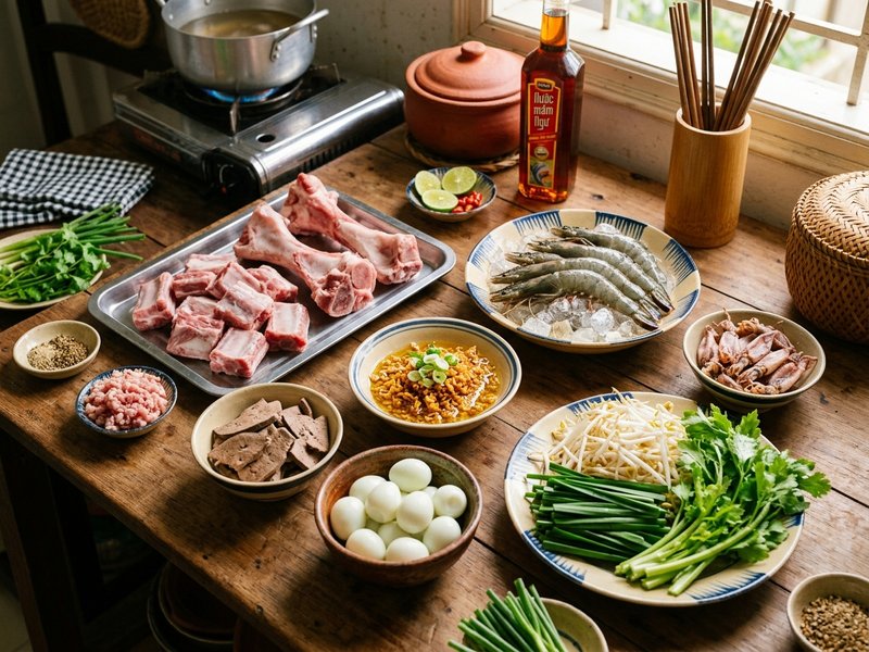 Khay nguyên liệu nấu hủ tiếu Nam Vang gồm xương ống tôm tươi mực khô thịt băm gan heo và rau sống