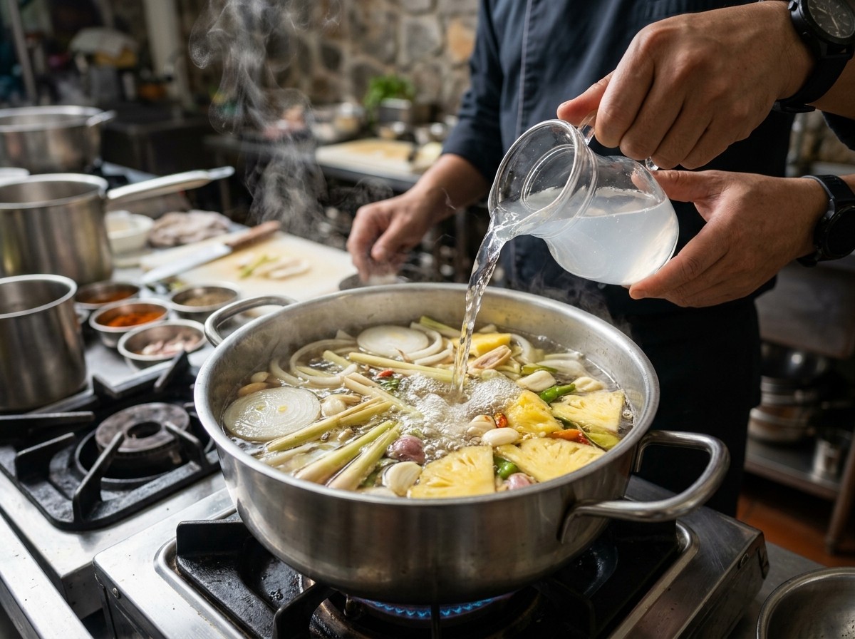 Rót nước dừa tươi vào nồi nước dấm sả hành tây sôi lăn tăn bốc khói thơm nồng