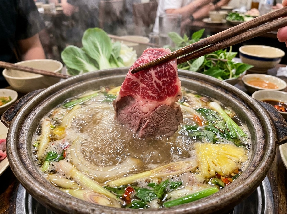 Đũa gắp lát bắp bò hoa nhúng vào nồi nước dấm sôi sùng sục thịt chín tái hồng mềm ngọt