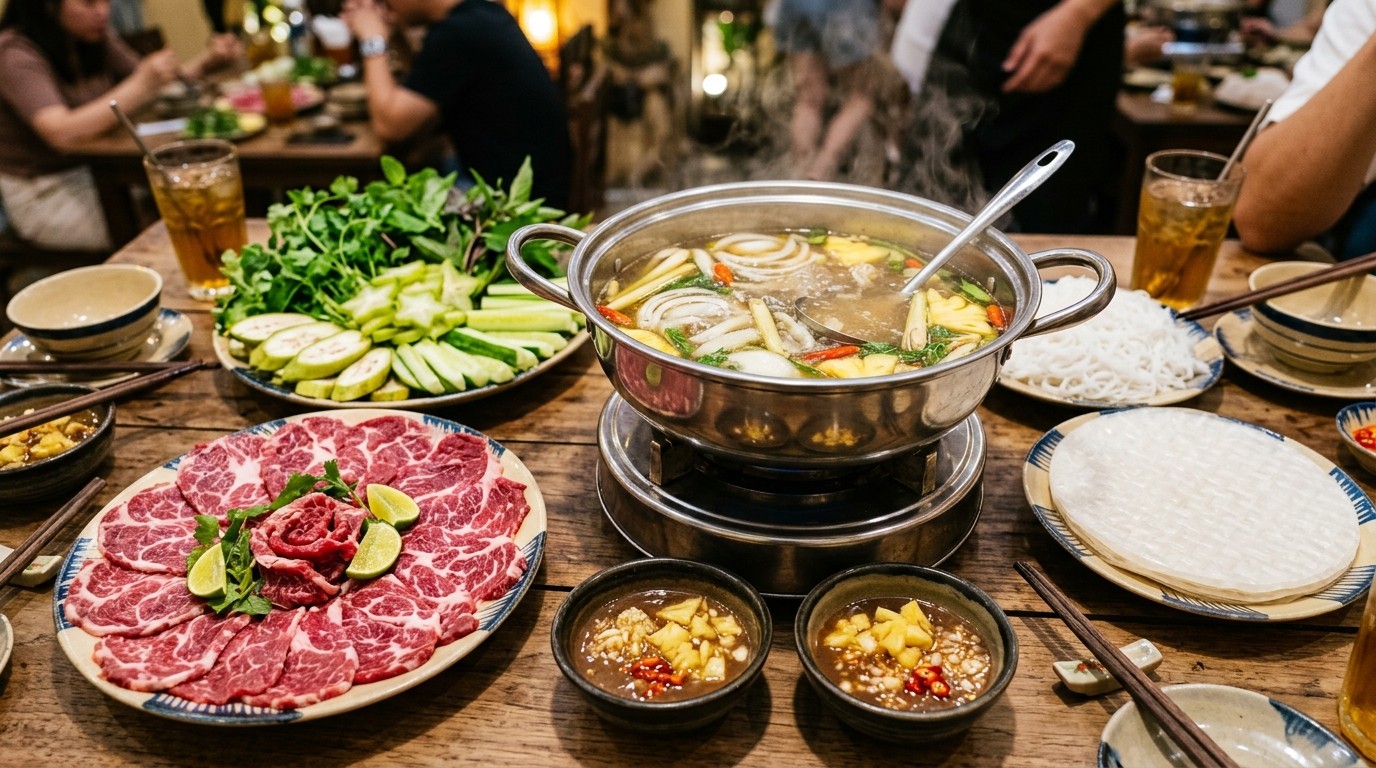 Mâm lẩu bò nhúng dấm cuốn bánh tráng đầy ắp bắp bò hoa và mắm nêm sánh quyện