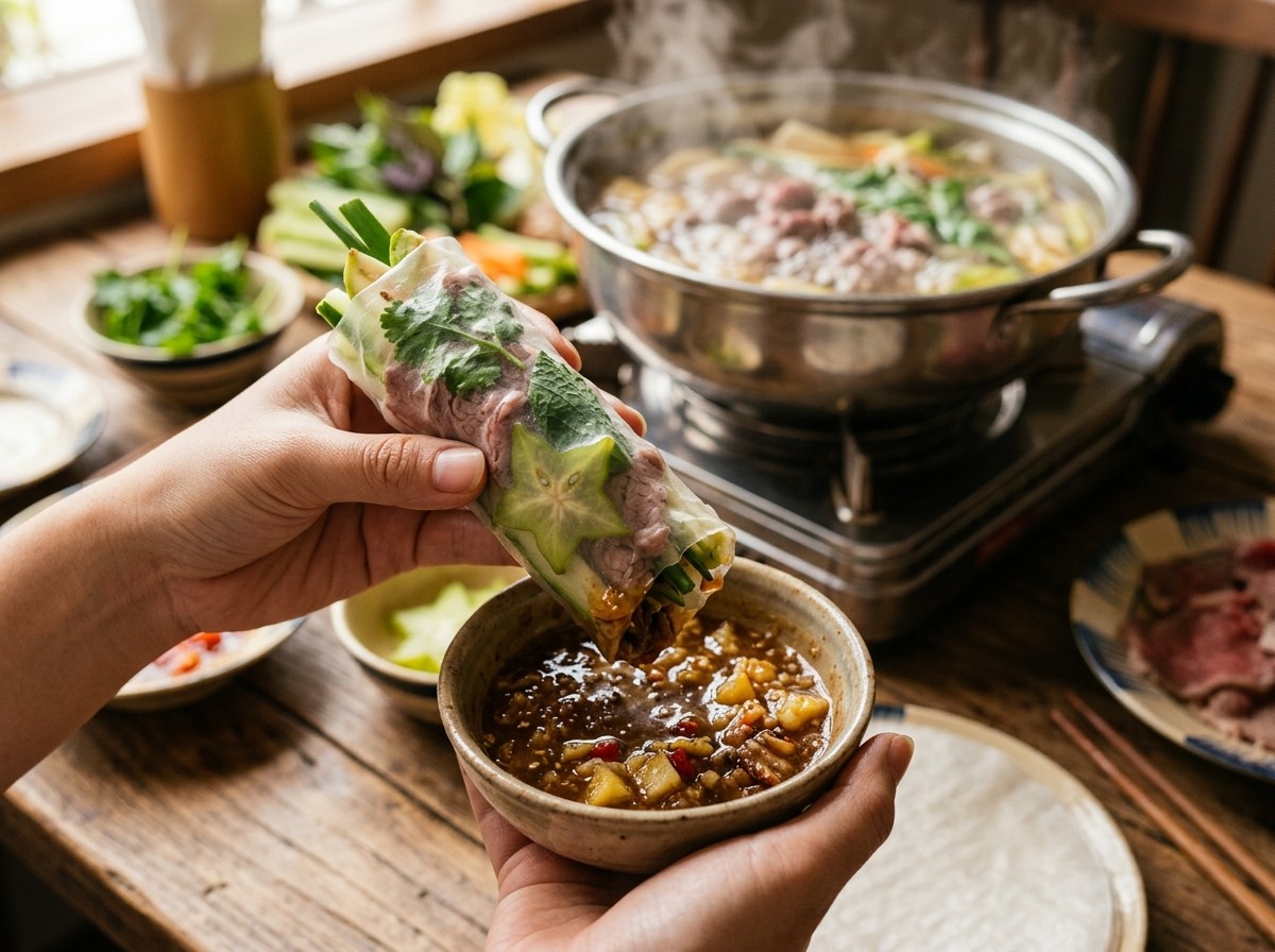 Chiếc cuốn bánh tráng thịt bò nhúng dấm chấm ngập bát mắm nêm đậm đà thơm ngậy