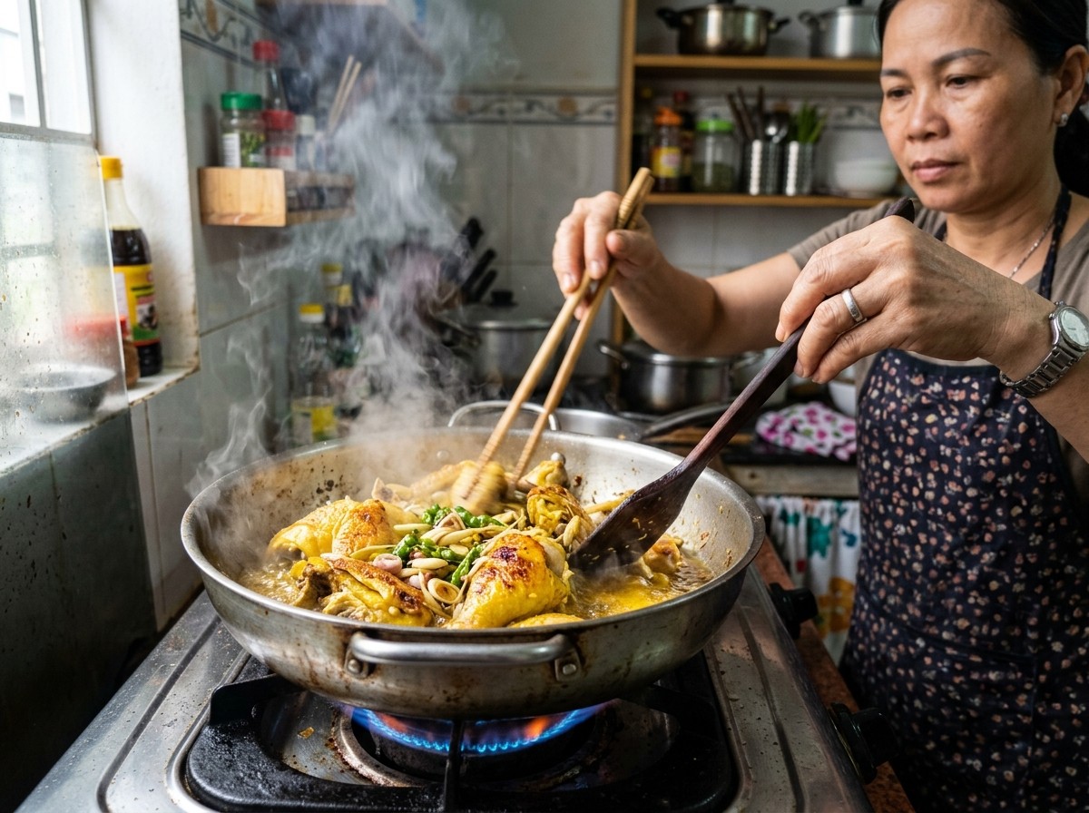 Xào săn thịt gà ta da vàng óng với sả cây và ớt xiêm xanh bốc khói thơm nức