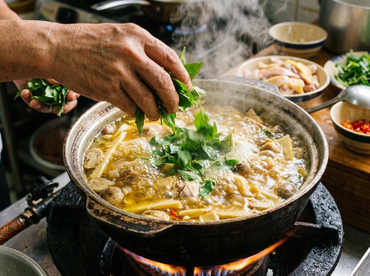 Thả lá é tươi non vào nồi nước dùng lẩu gà đang sôi sùng sục