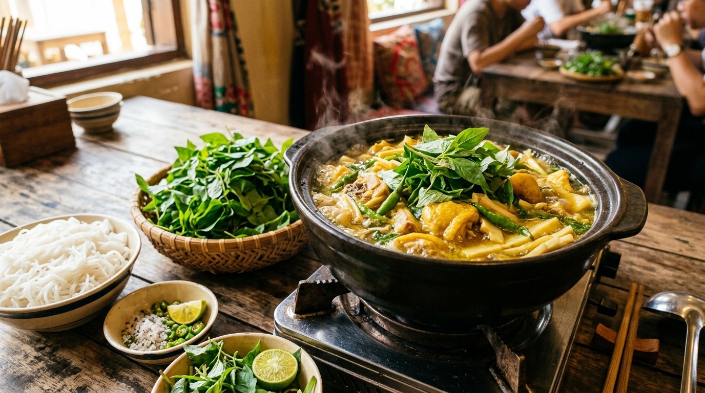 Nồi lẩu gà lá é Phú Yên nghi ngút khói thơm lừng mùi lá é và ớt xiêm xanh
