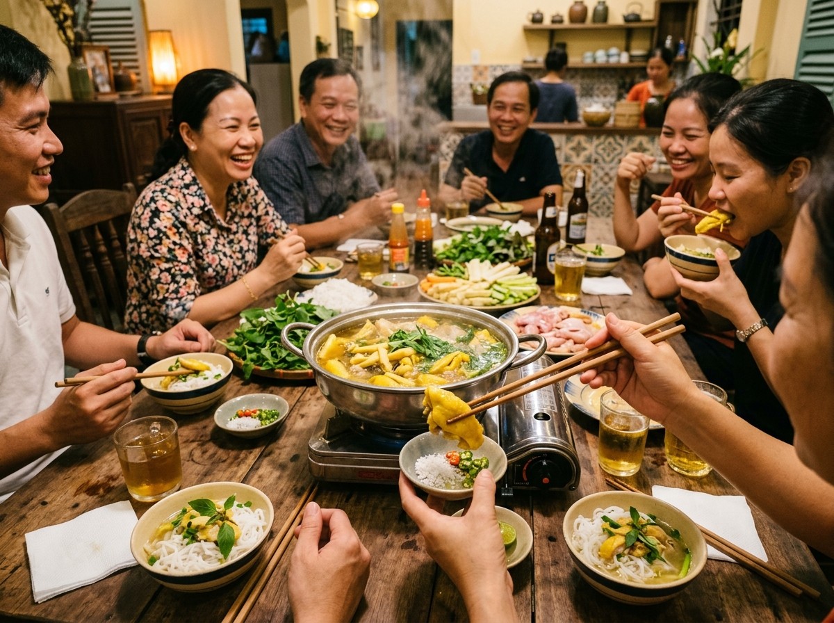 Mâm lẩu gà lá é quây quần ấm cúng bên người thân thịt gà chấm muối ớt cay nồng
