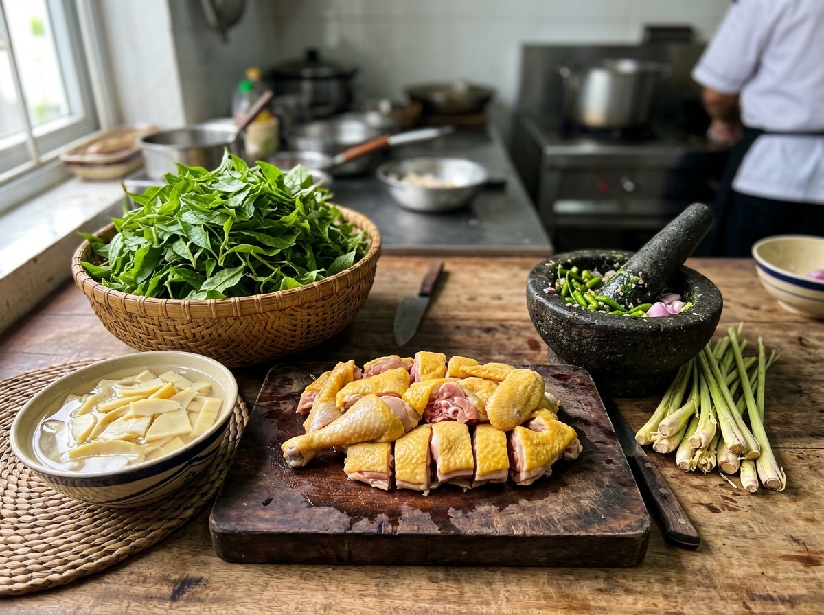 Mâm nguyên liệu làm lẩu gà lá é gồm gà ta chặt miếng rổ lá é tươi măng luộc và cối giã ớt xiêm xanh
