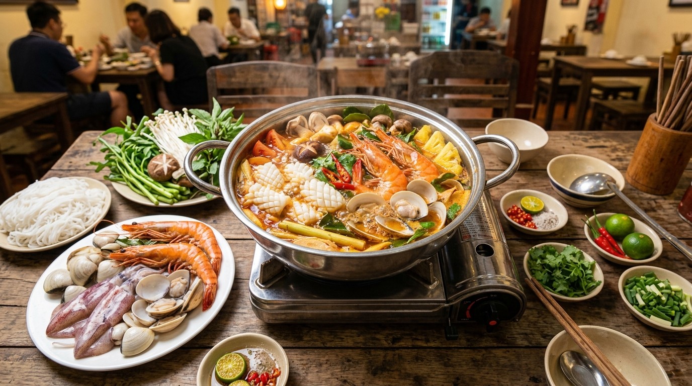 Nồi lẩu Thái hải sản chua cay thơm lừng khói nghi ngút mâm cơm tiệc gia đình