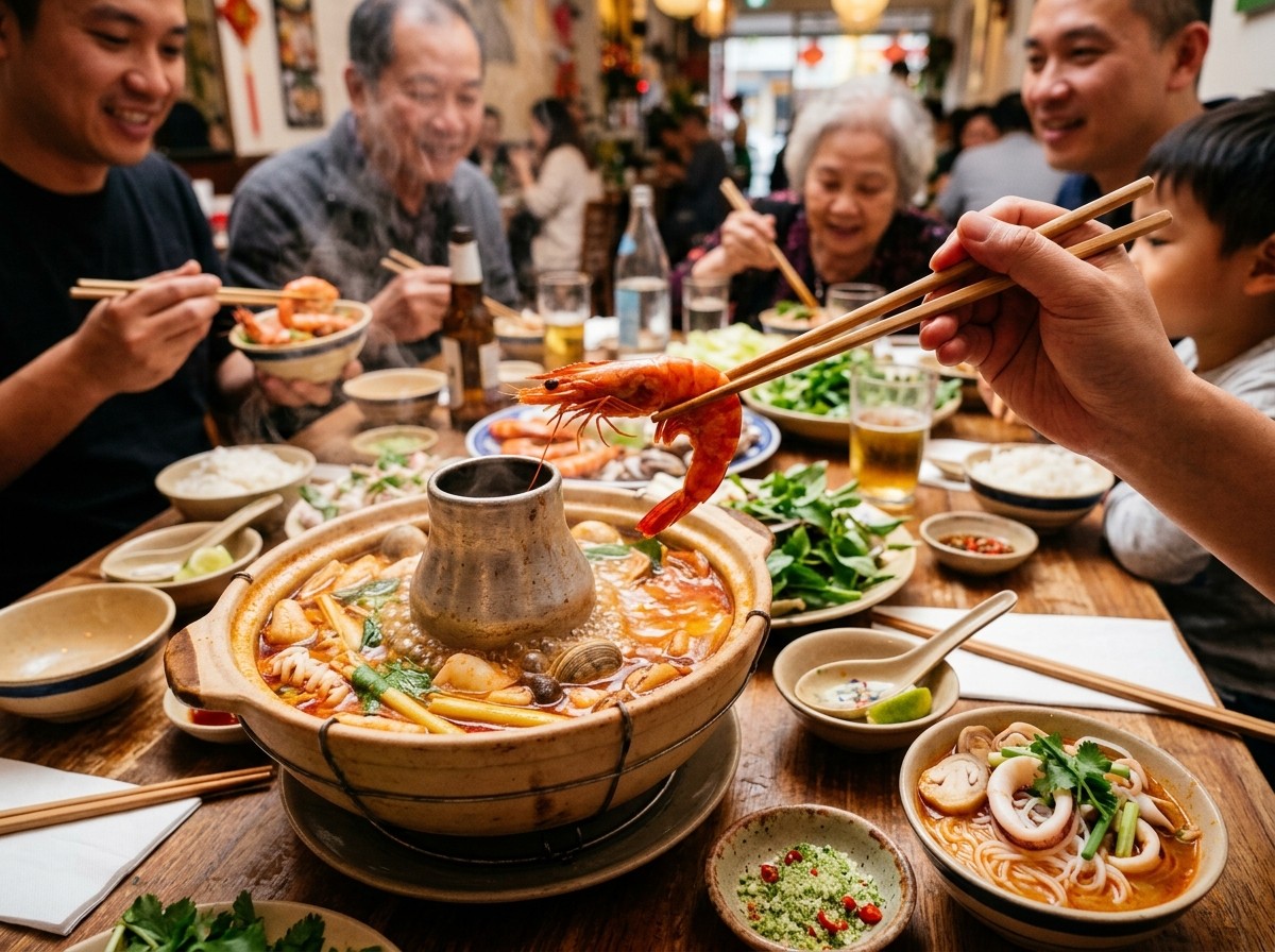 Mâm lẩu Thái hải sản sum vầy gia đình ấm cúng tôm mực ngọt lịm chấm muối ớt xanh