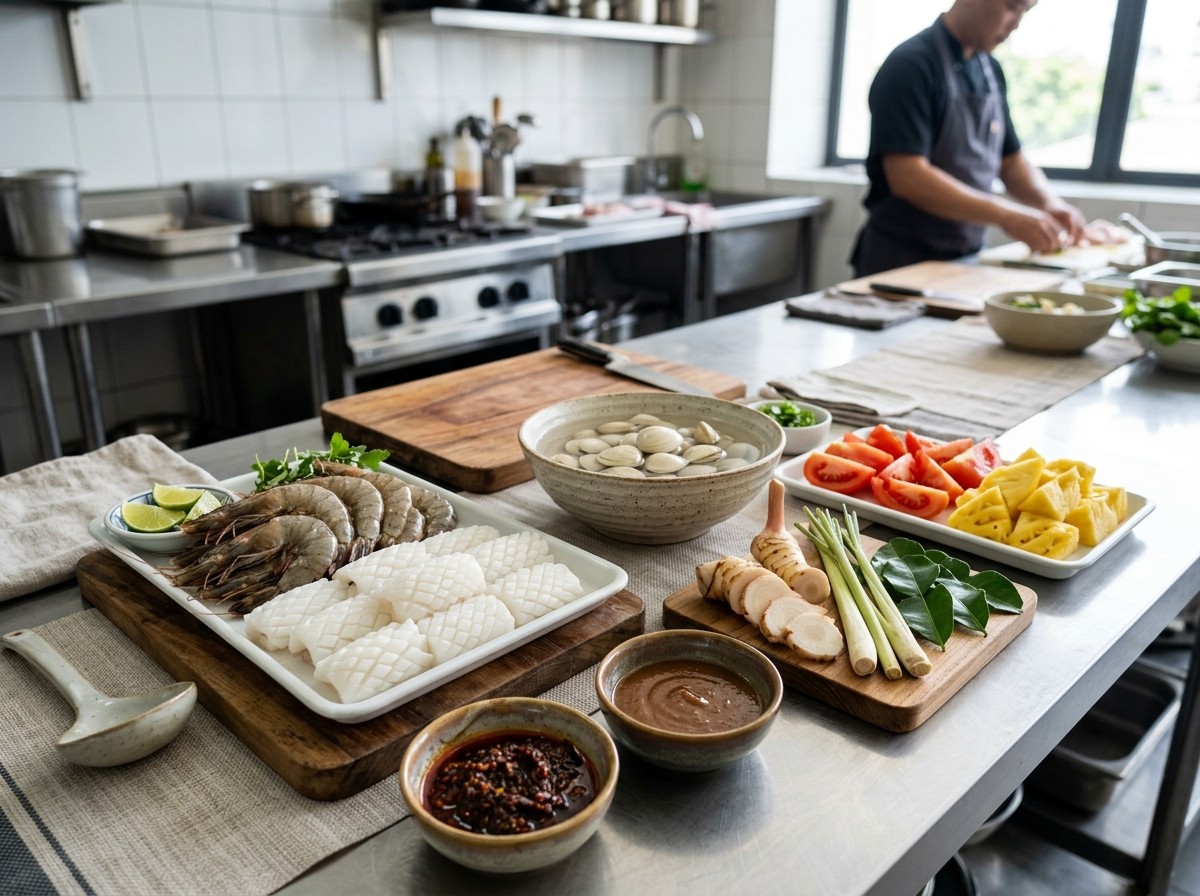 Khay nguyên liệu hải sản tươi sống tôm sú mực nghêu và gia vị lẩu Thái