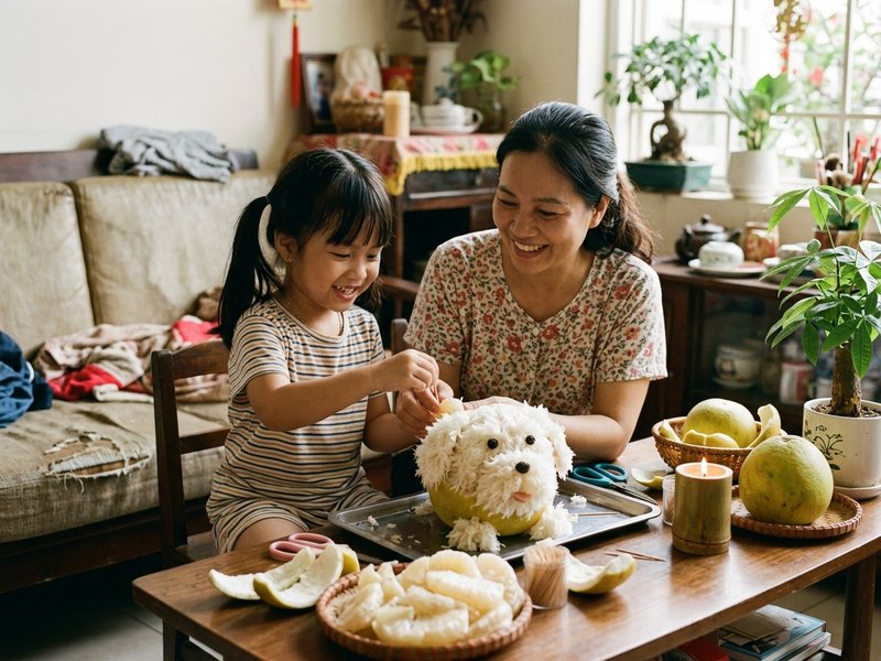Mẹ và bé cùng nhau ghim từng múi bưởi xòe lông xù lên thân chó bưởi