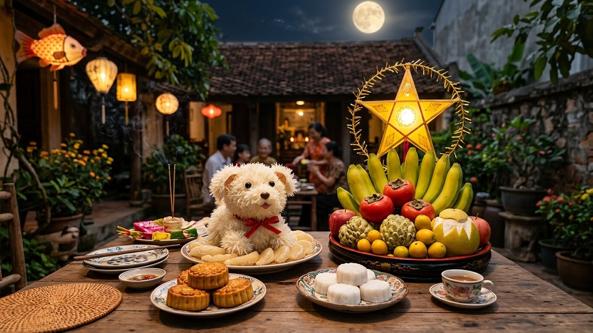 Mâm cỗ Trung Thu trông trăng truyền thống rực rỡ với chú chó bưởi lông xù và đèn ông sao dưới trăng rằm