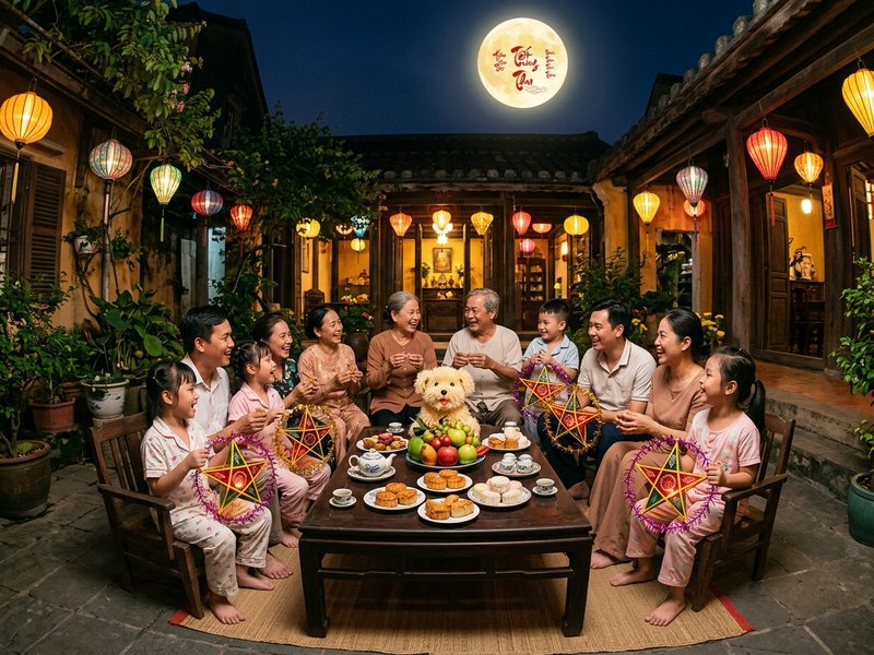 Gia đình đa thế hệ quây quần bên mâm cỗ Trung Thu phá cỗ dưới ánh trăng rằm