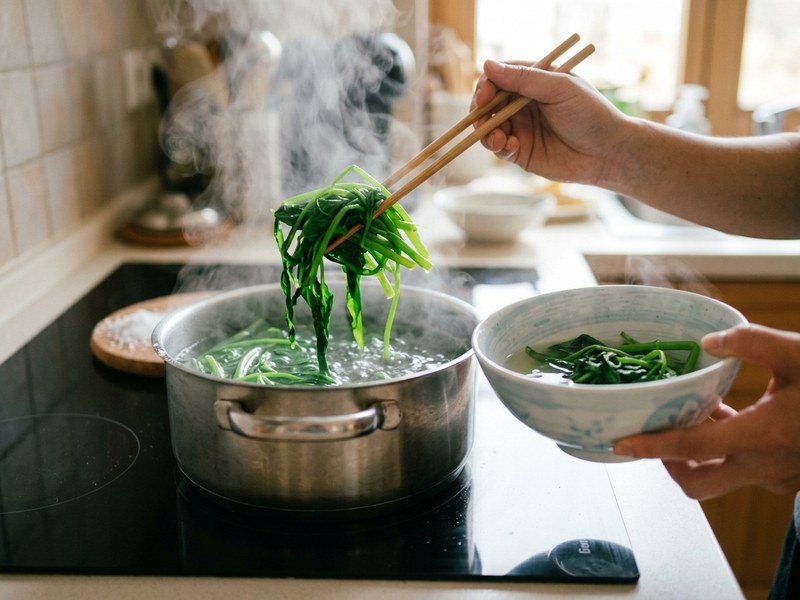 Luộc rau muống nước sôi bùng ngập nước giữ màu xanh mướt giòn sần sật