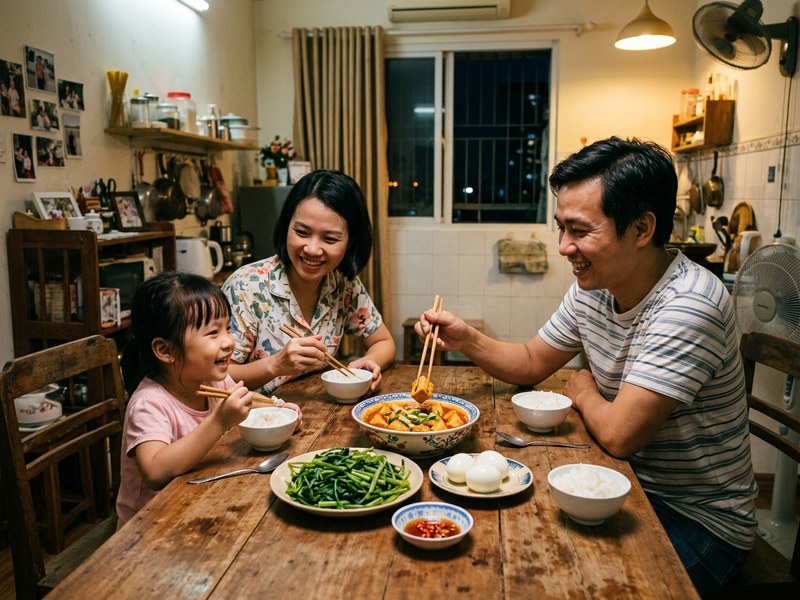 Cả gia đình quây quần ấm cúng bên mâm cơm 70k thơm ngon hạnh phúc