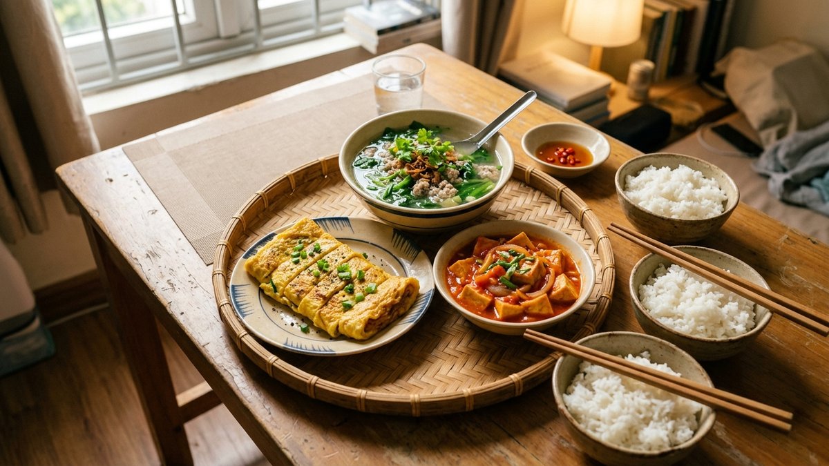 Mâm cơm sinh viên 50k đủ 3 món trứng cuộn đậu sốt cà chua và canh rau cải thịt băm chuẩn Bếp trưởng Feedy