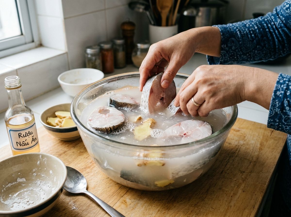 Ngâm khúc cá vào âu nước vo gạo có gừng đập dập và rượu trắng