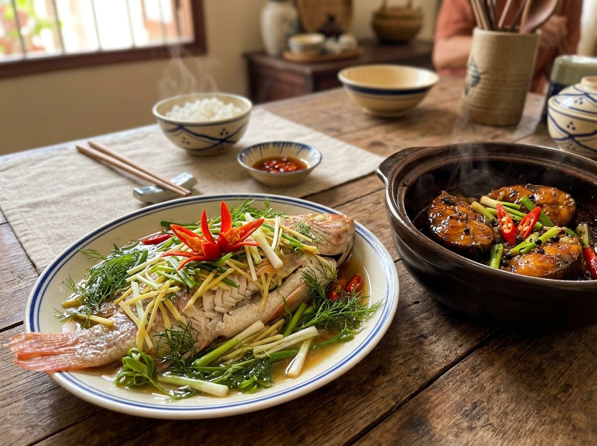 Thành phẩm đĩa cá hấp hành gừng thơm phức và nồi cá kho tộ bóng bẩy ngon miệng