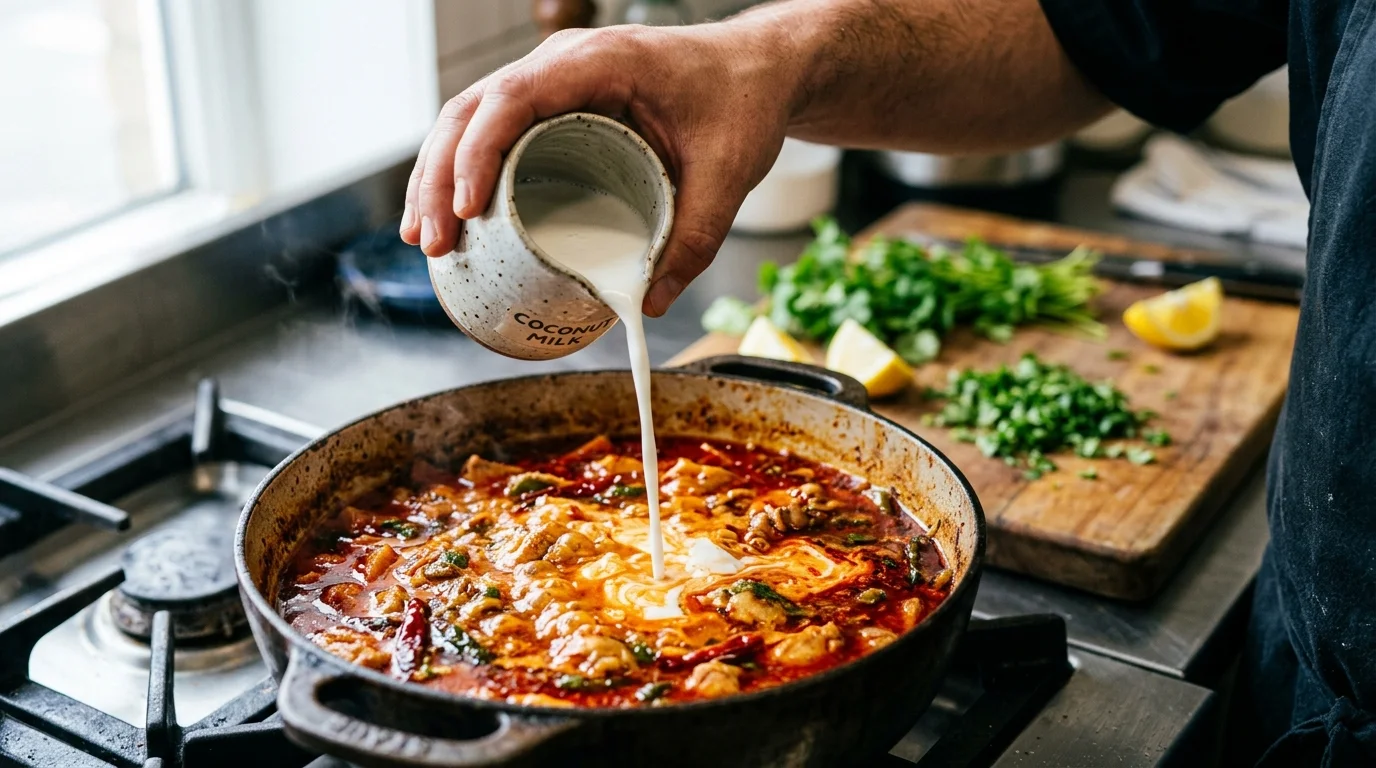 Rót sữa tươi hoặc nước cốt dừa vào nồi canh sốt bị cay để trung hòa vị cay