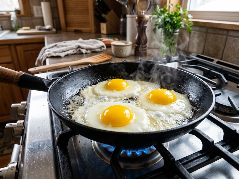 Ốp la trứng gà lòng đào xèo xèo trên chảo chống dính bốc khói thơm nghi ngút