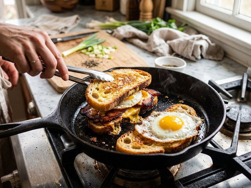 Đầu bếp kẹp phô mai trứng ốp la vào bánh mì sandwich nướng vàng ruộm trên chảo gang