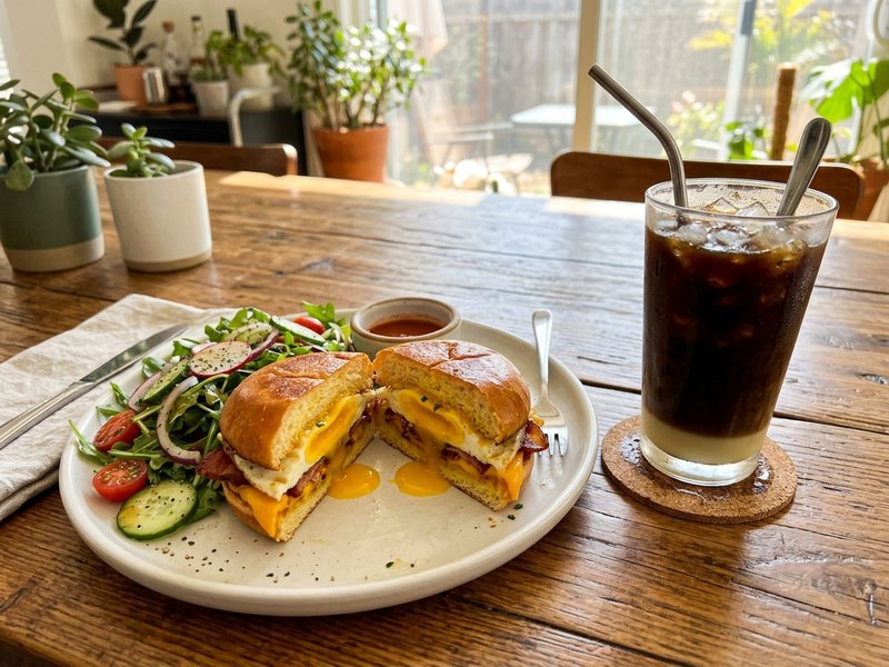 Đĩa bánh mì sandwich kẹp trứng phô mai vàng ruộm cắt đôi chảy sốt kèm ly cà phê sữa đá mát lạnh