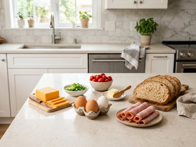 Khay nguyên liệu làm món ăn sáng bánh mì sandwich trứng phô mai thịt nguội và bơ lạt