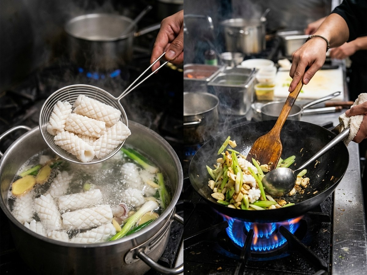 Kỹ thuật chần mực nhanh 15 giây trong nước gừng sôi và xào tách tầng lửa lớn