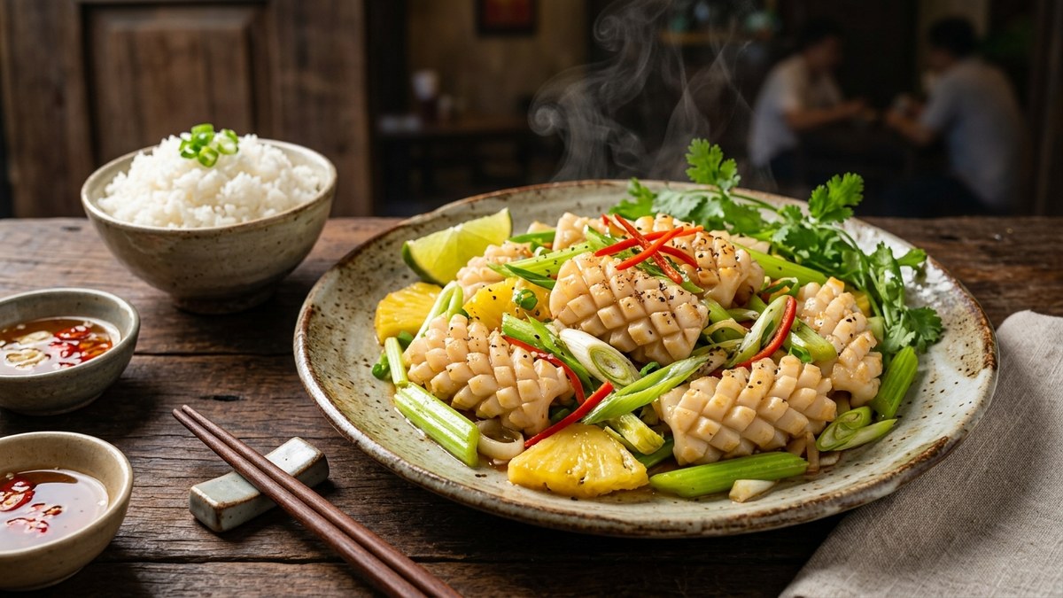 Đĩa mực xào cần tỏi tây giòn sần sật vàng óng thơm lừng mâm cơm gia đình Feedy