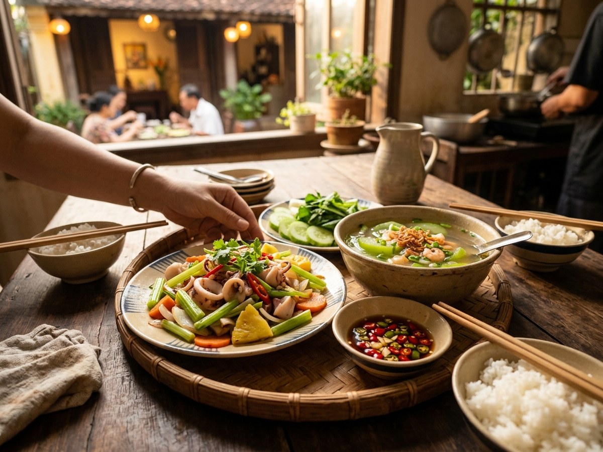 Mâm cơm gia đình ấm cúng với đĩa mực xào cần tỏi, canh bí đao và cơm trắng