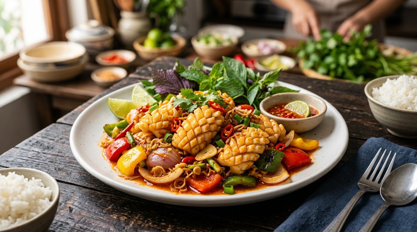 Đĩa mực xào sa tế nở hoa vảy rồng màu đỏ cam óng ánh với ớt chuông ba màu Feedy