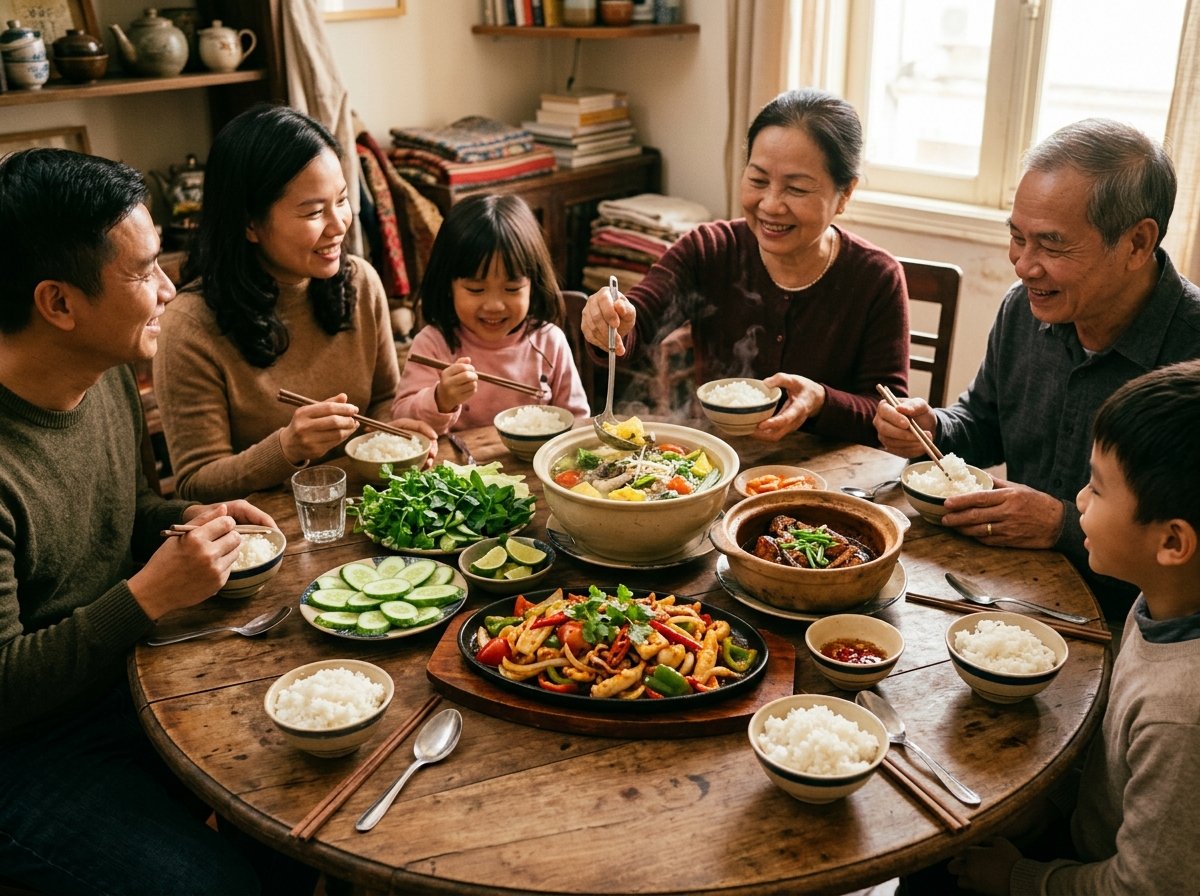 Mâm cơm gia đình ấm cúng với đĩa mực xào sa tế nở hoa, bát canh chua cá lóc và cơm trắng
