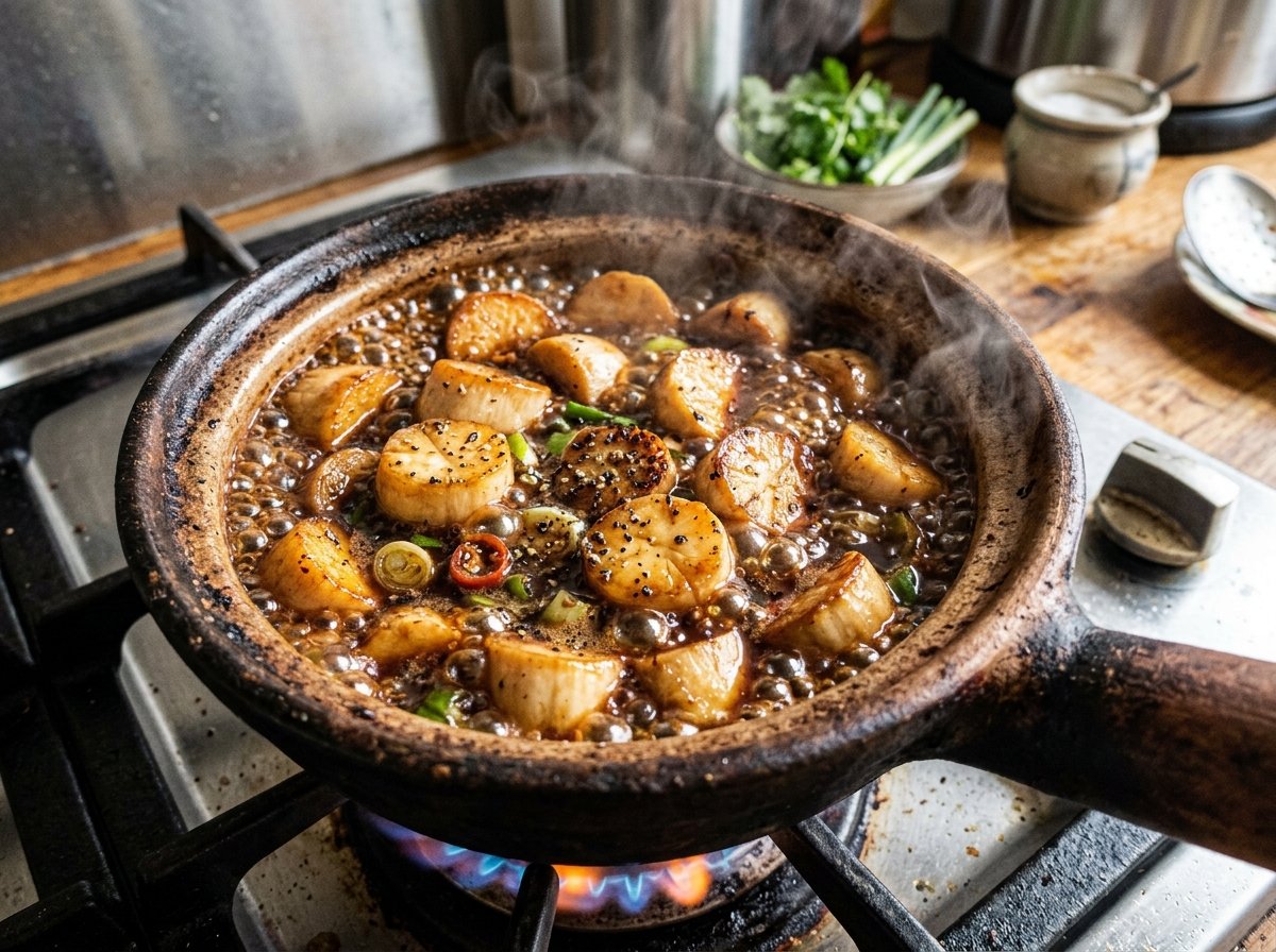 Tộ nấm đùi gà đang sôi sùng sục sốt tiêu đen sánh kẹo trên bếp lửa