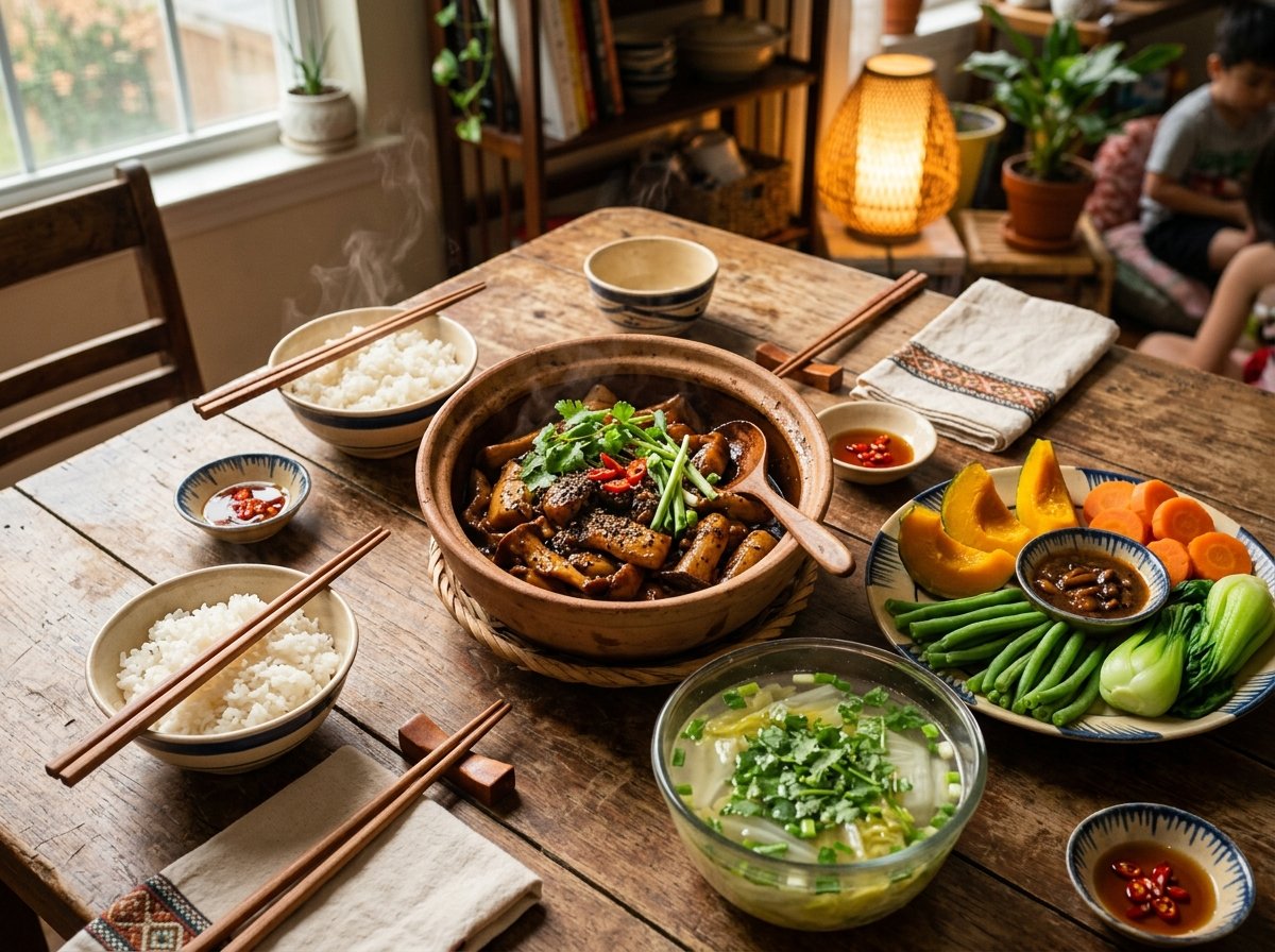 Mâm cơm gia đình với tộ nấm đùi gà kho tiêu đen ăn cùng đĩa rau củ luộc xanh mướt
