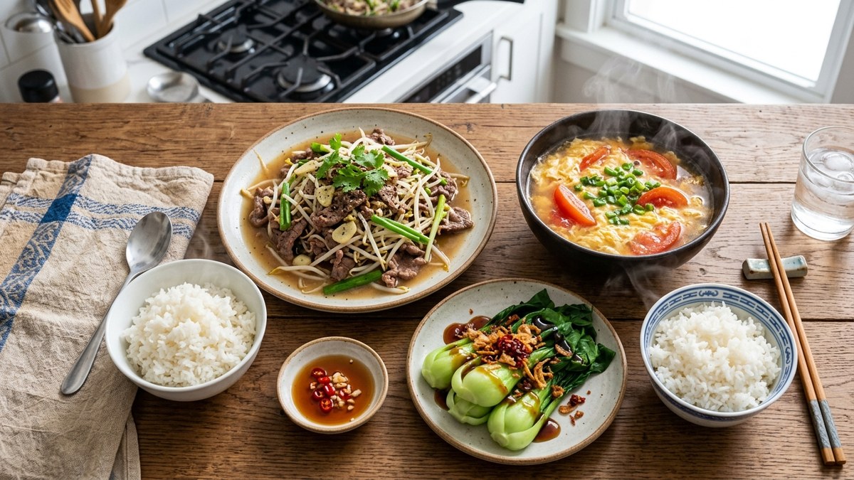 Mâm cơm nấu nhanh dưới 20 phút cho ngày bận rộn gồm đĩa thịt bò xào giá đỗ giòn ngọt và bát canh cà chua trứng đậu phụ thanh mát