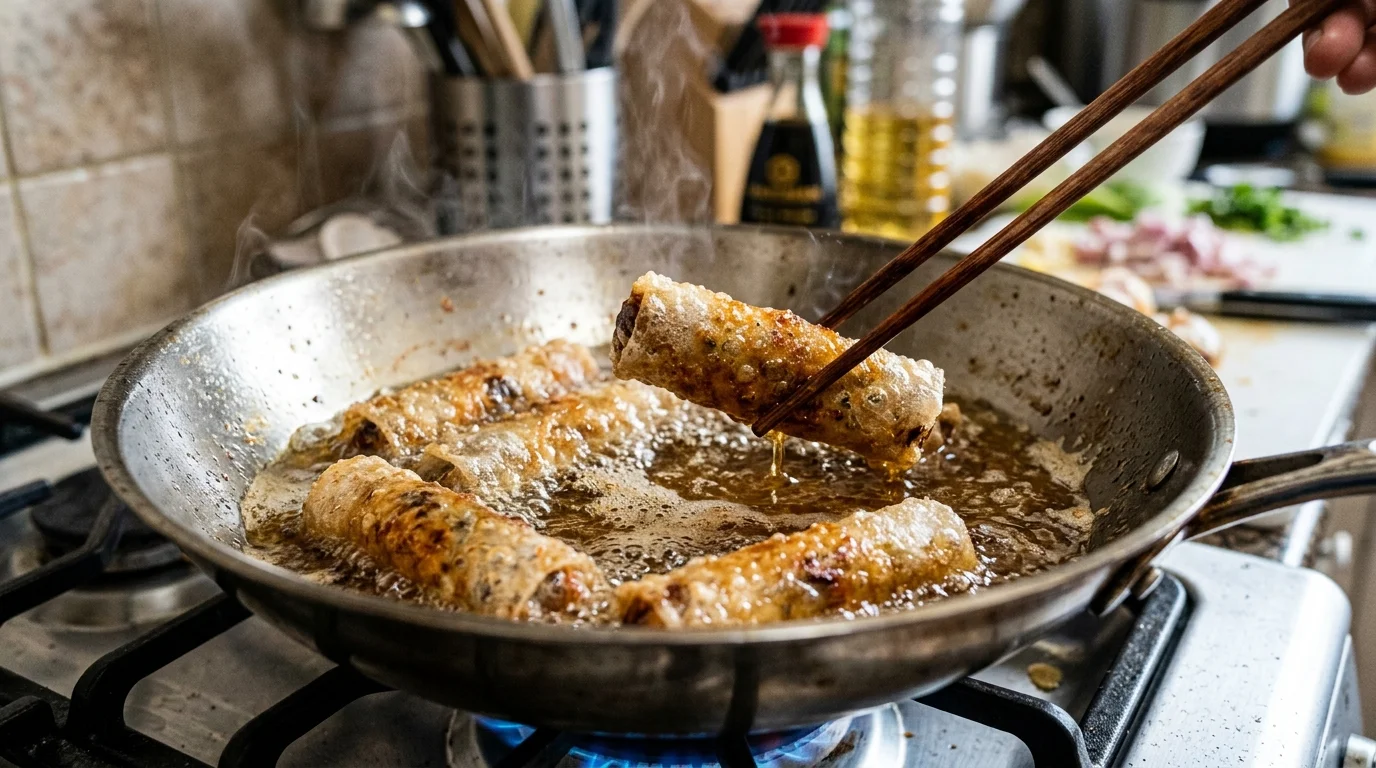 Kỹ thuật rán nem 2 lửa trong chảo dầu sôi giúp vỏ nem vàng óng phồng rộp giòn tan chuẩn Bếp trưởng Feedy