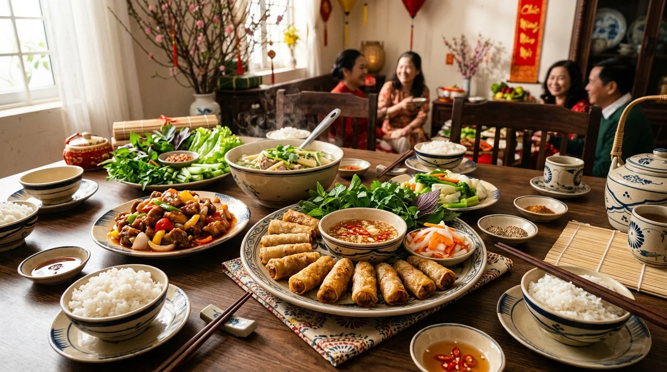 Mâm cỗ tiệc gia đình thịnh soạn gồm đĩa nem rán vàng ươm bát nước chấm tỏi ớt đĩa nộm tai heo dưa chuột tô canh bóng thả và xôi gấc chuẩn vị truyền thống