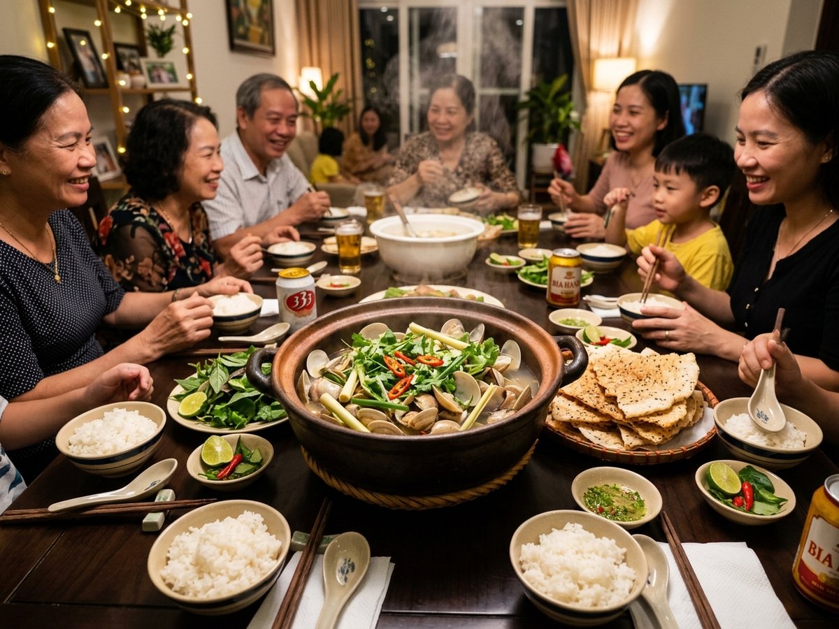 Mâm tiệc gia đình quây quần ấm cúng với nồi nghêu hấp sả ớt bánh tráng nướng rau răm Feedy