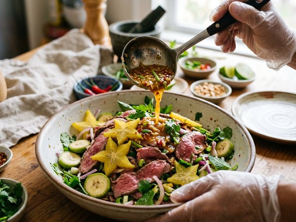 Đầu bếp rưới nước sốt chanh tỏi ớt bóp thấu thịt bò với khế chua chuối chát