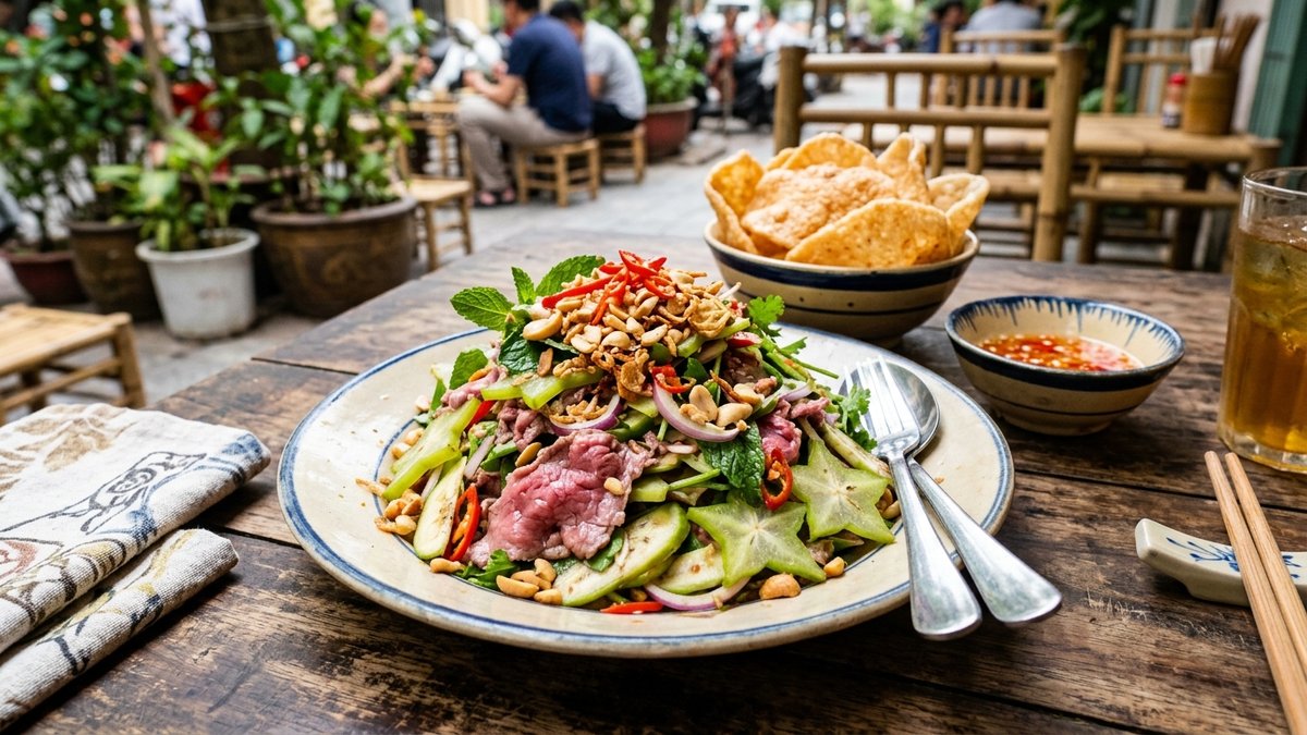 Đĩa nộm bò bóp thấu khế chua chuối chát rực rỡ sắc màu cạnh đĩa bánh phồng tôm giòn xốp
