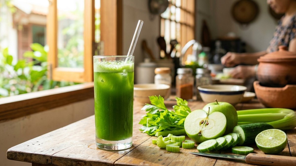 Ly nước ép cần tây táo dưa leo màu xanh ngọc lục bảo tươi mát bên cạnh cọng cần tây và lát táo xanh
