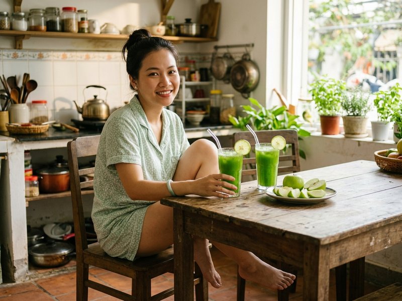 Hai ly nước ép cần tây táo dưa leo màu xanh ngọc trên bàn ăn gia đình buổi sáng sủa